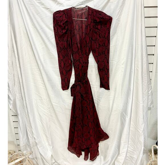 A.L.C. Tianna Snake-Print Long-Sleeve Wrap Midi Dress Burgundy Women's Size 0 - Picture 2 of 8